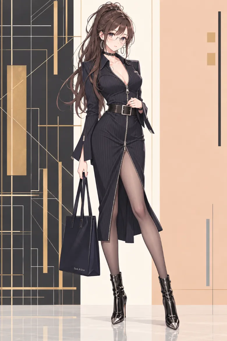 AIイラスト版｜ネイビー黒のジップシャツドレスのオフィスサイレンコーデ
