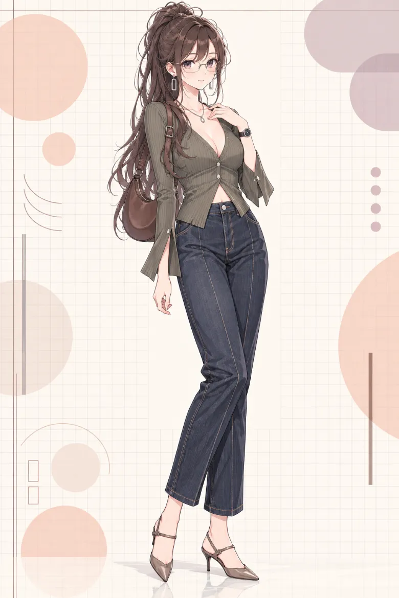 AIイラスト版｜オリーブのリブトップとストレートデニムのオフィスサイレンコーデ