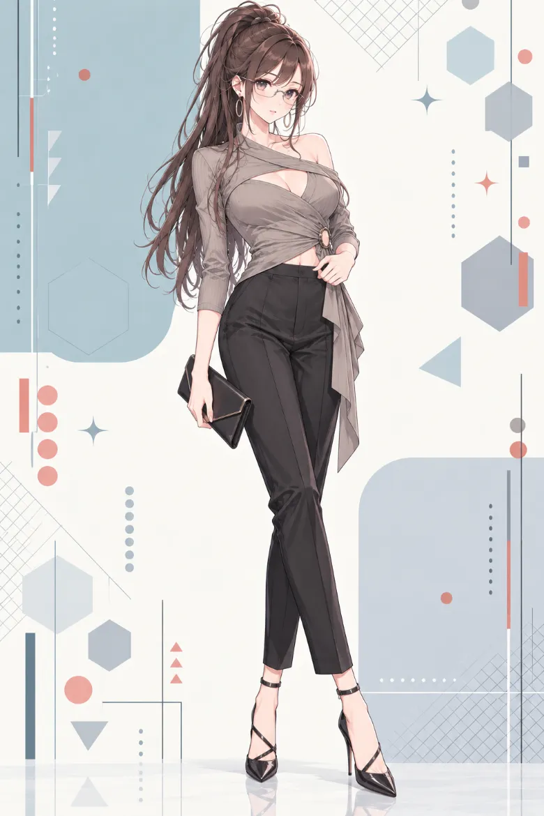 AIイラスト版｜アシンメトリーラップトップと黒テーパードパンツのオフィスサイレンコーデ