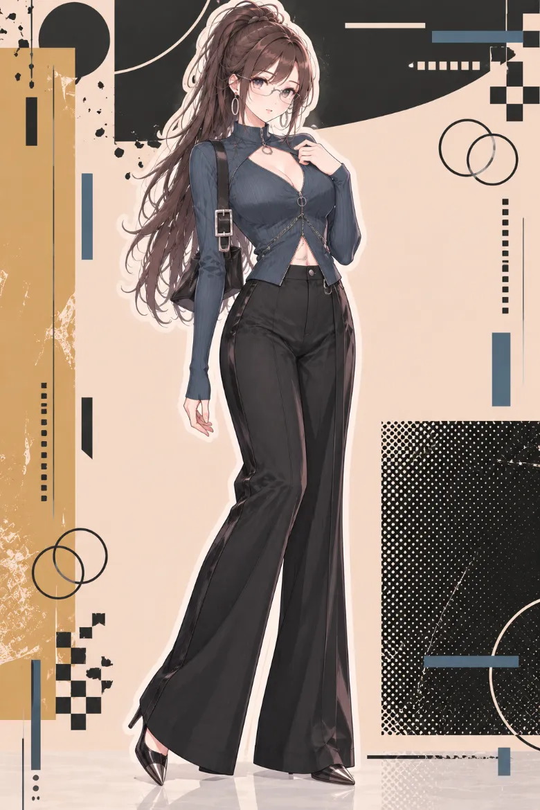 AIイラスト版｜カットアウトジップトップと黒フレアパンツのオフィスサイレンコーデ