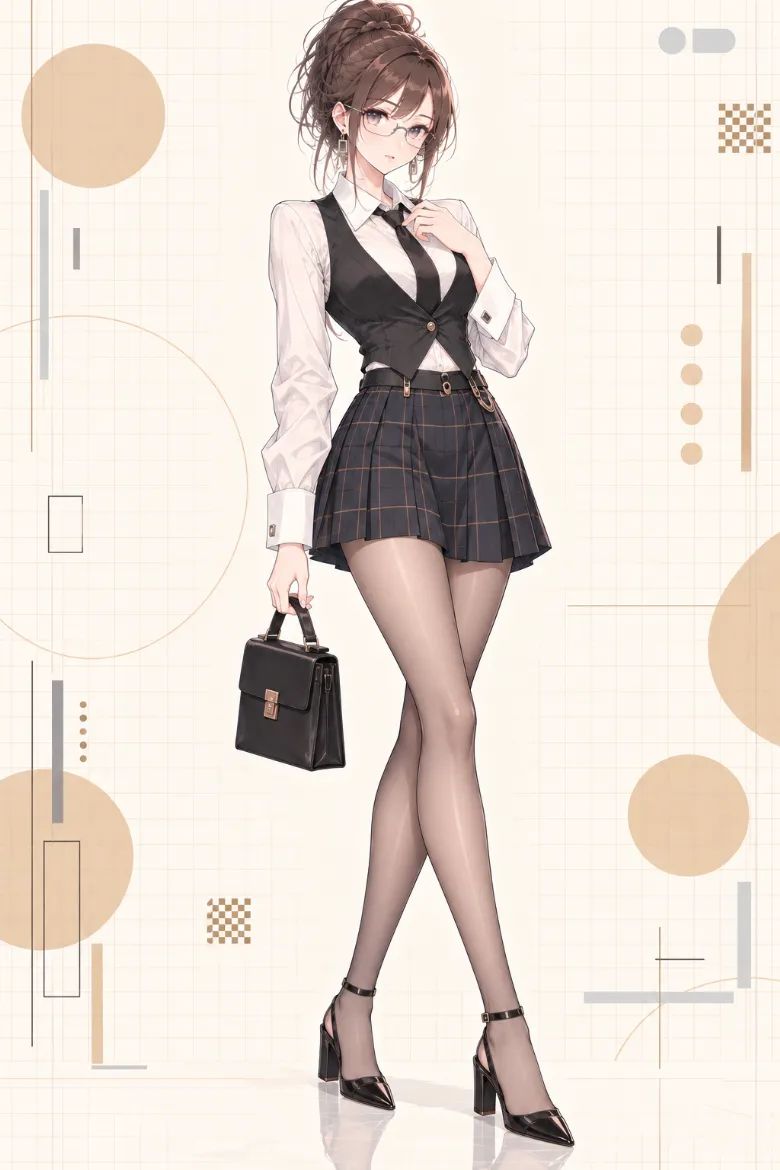 AIイラスト版｜白シャツと黒ベスト、チェックプリーツミニのオフィスサイレンコーデ