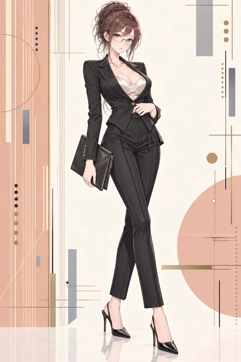 AIイラスト版｜黒ピンストライプブレザーとサテンキャミ、スリムパンツのオフィスサイレンコーデ