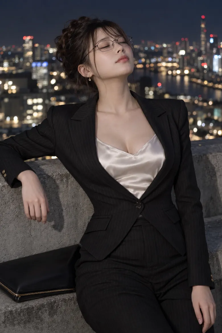 実写AI版｜黒ピンストライプブレザーとサテンキャミ、スリムパンツのオフィスサイレンコーデ