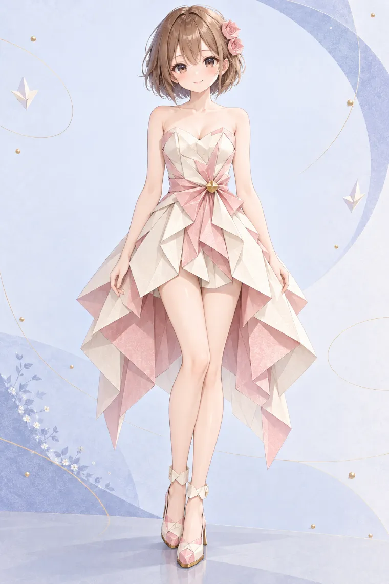 AIイラスト版｜アイボリー×ピンクの花びらハイロードレスにピンク×アイボリーの多角形ブロックヒールを合わせた折り紙ドレス