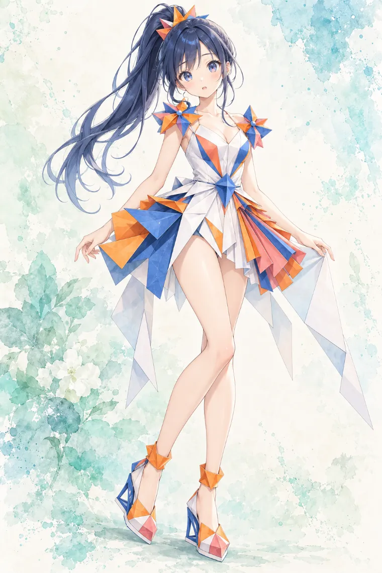 AIイラスト版｜ブルー×オレンジの扇モチーフミニドレスに多色ジオメトリックヒールを合わせた折り紙ドレス