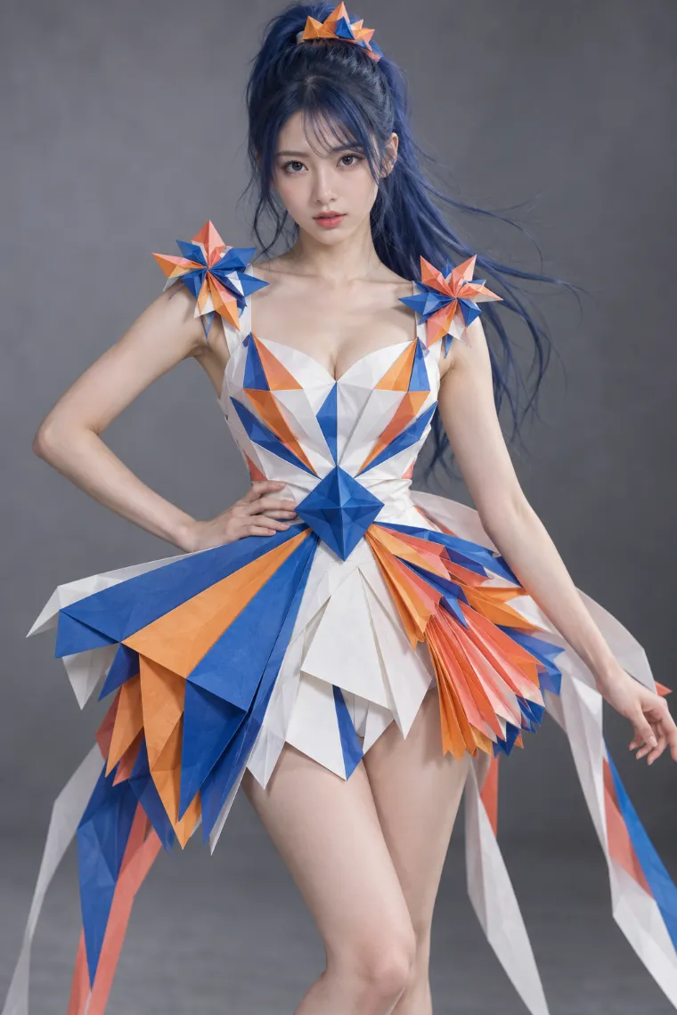 実写AI版｜ブルー×オレンジの扇モチーフミニドレスに多色ジオメトリックヒールを合わせた折り紙ドレス