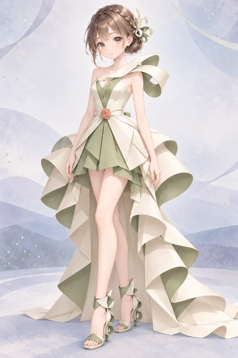 AIイラスト版｜アイボリー×セージのループハイロードレスにセージ×アイボリーのループヒールを合わせた折り紙ドレス