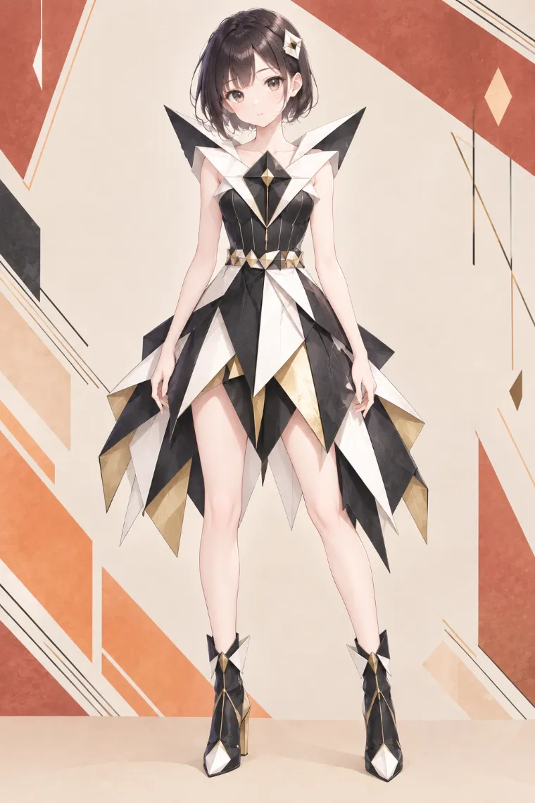 AIイラスト版｜黒×白のダイヤモチーフカクテルドレスに黒の折り紙アンクルブーツを合わせた折り紙ドレス