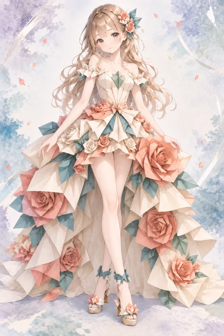 AIイラスト版｜ピーチ×ティールの折り紙ローズドレスに花びらを重ねたオープントゥ厚底ヒールを合わせた折り紙ドレス
