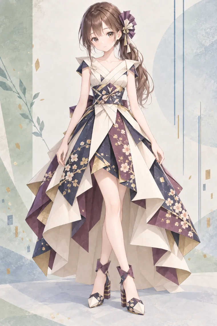 AIイラスト版｜藍×プラムの和風折り紙ドレスに花柄のブロックヒールを合わせた折り紙ドレス