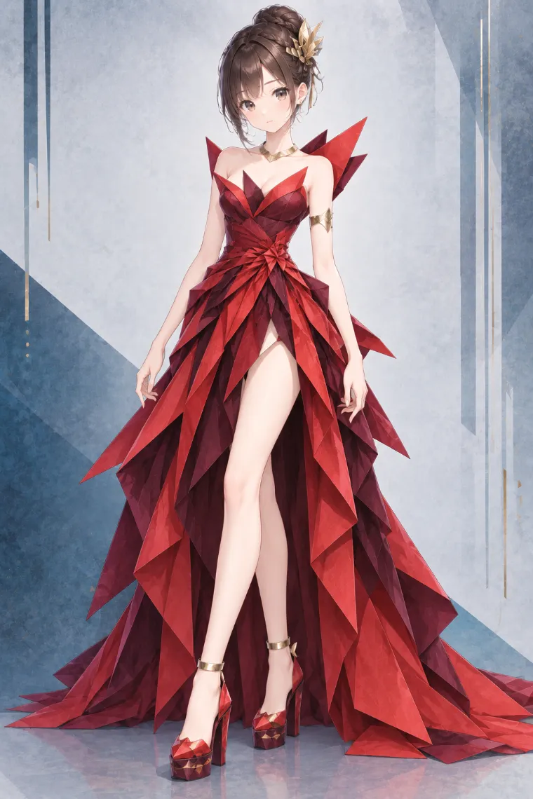 AIイラスト版｜深紅×バーガンディのブレードイブニングドレスに赤の厚底ヒールとゴールドのアンクルバンドを合わせた折り紙ドレス