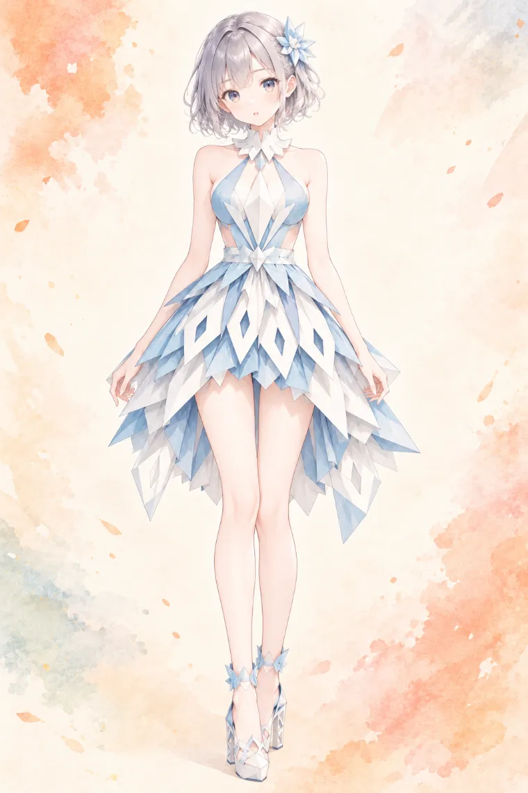 AIイラスト版｜アイスブルー×白の雪の結晶風ミニドレスに白のオープンフレーム厚底パンプスを合わせた折り紙ドレス
