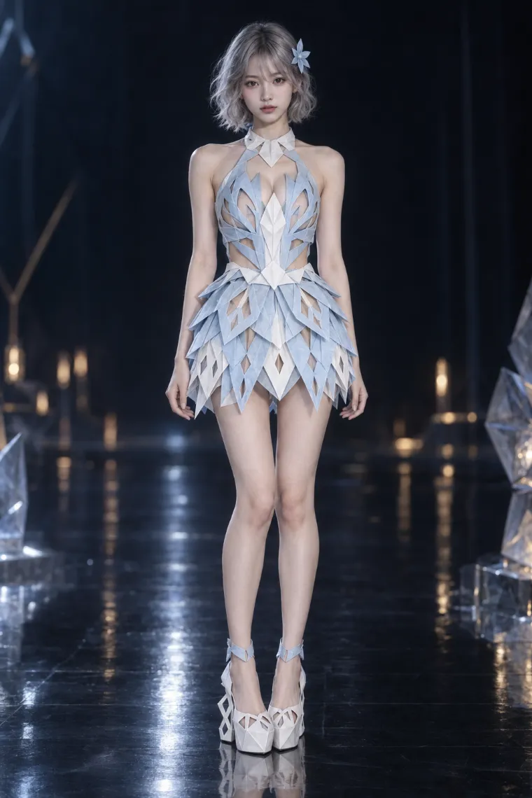 実写AI版｜アイスブルー×白の雪の結晶風ミニドレスに白のオープンフレーム厚底パンプスを合わせた折り紙ドレス