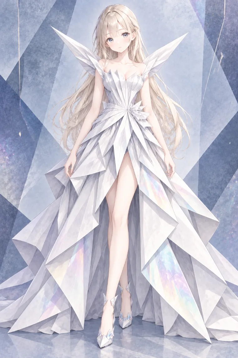 AIイラスト版｜白×シルバーの建築的クチュールガウンに白のポインテッドパンプスを合わせた折り紙ドレス