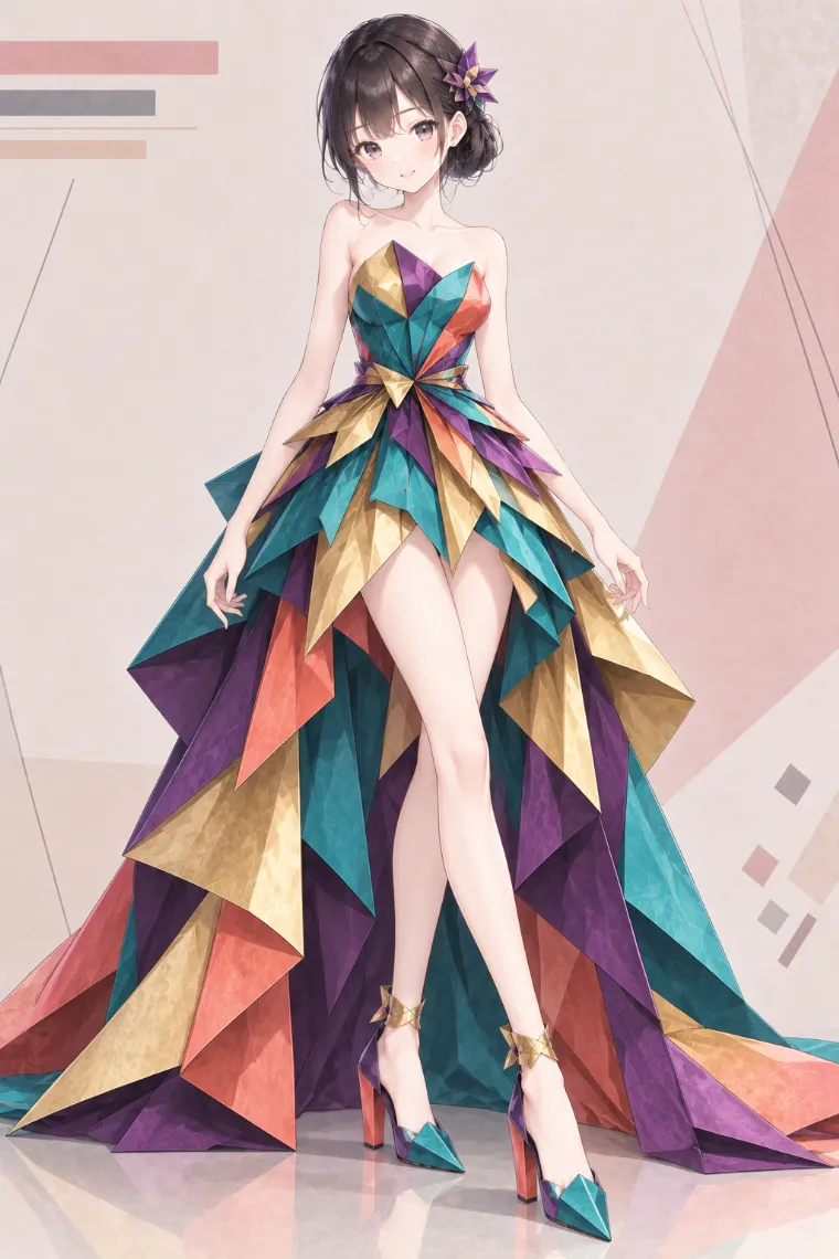 AIイラスト版｜ティール×ゴールドのカラフルハイロードレスにティールのポインテッドパンプスを合わせた折り紙ドレス