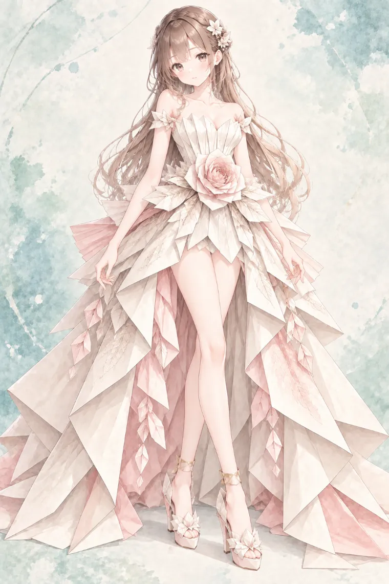 AIイラスト版｜アイボリー×淡いピンクのローズクチュールガウンに葉と花びらを組んだアイボリーのオープントゥヒールを合わせた折り紙ドレス