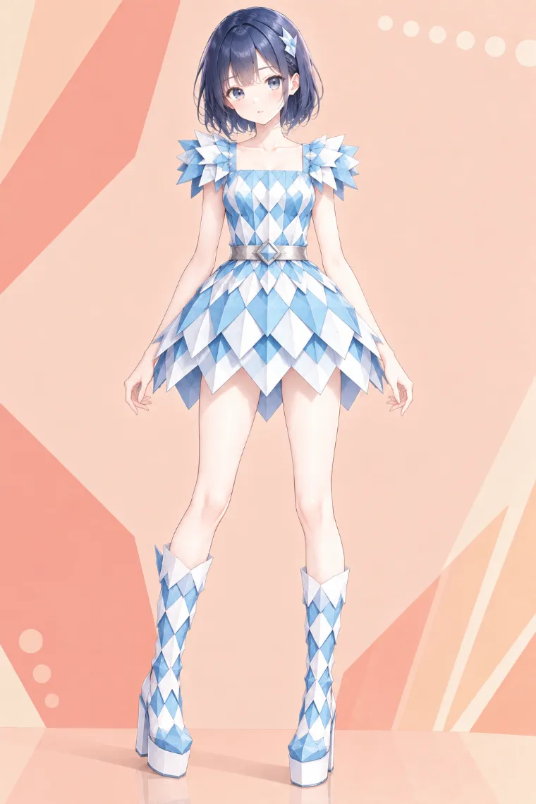 AIイラスト版｜アイスブルー×白のダイヤテッセレーションドレスに同柄のミドル丈厚底ブーツを合わせた折り紙ドレス