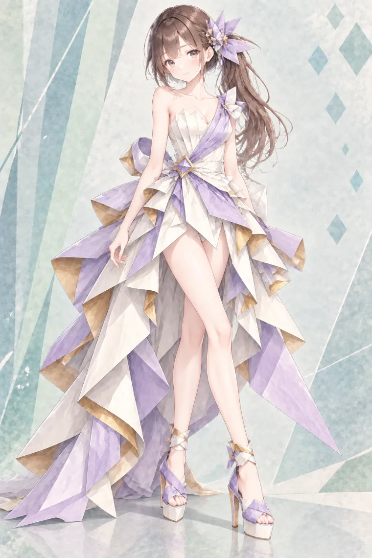 AIイラスト版｜アイボリー×ラベンダーのリボンハイロードレスにラベンダーのオープントゥ厚底ヒールを合わせた折り紙ドレス