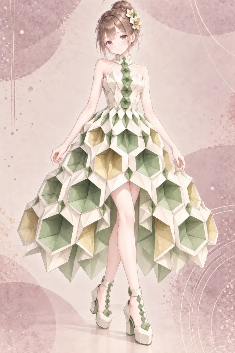 AIイラスト版｜アイボリー×セージのハニカムミディドレスにアイボリー×セージの厚底メリージェーンを合わせた折り紙ドレス
