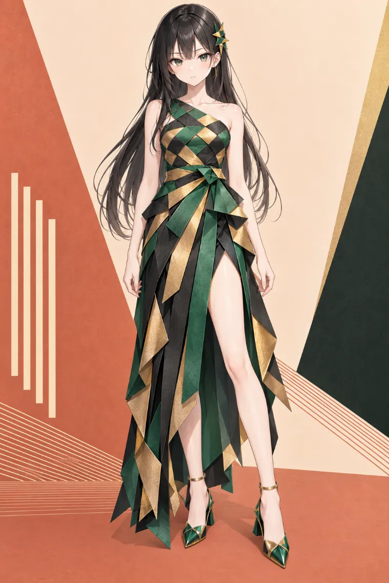 AIイラスト版｜エメラルド×黒のバスケットウィーブドレスにエメラルドのポインテッドパンプスを合わせた折り紙ドレス