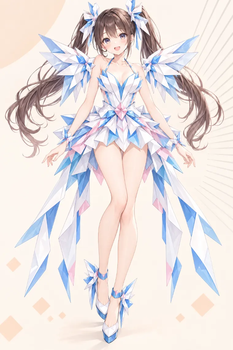 AIイラスト版｜白×アイスブルーのクリスタルウイングドレスに大型フィン付き白パンプスを合わせた折り紙ドレス