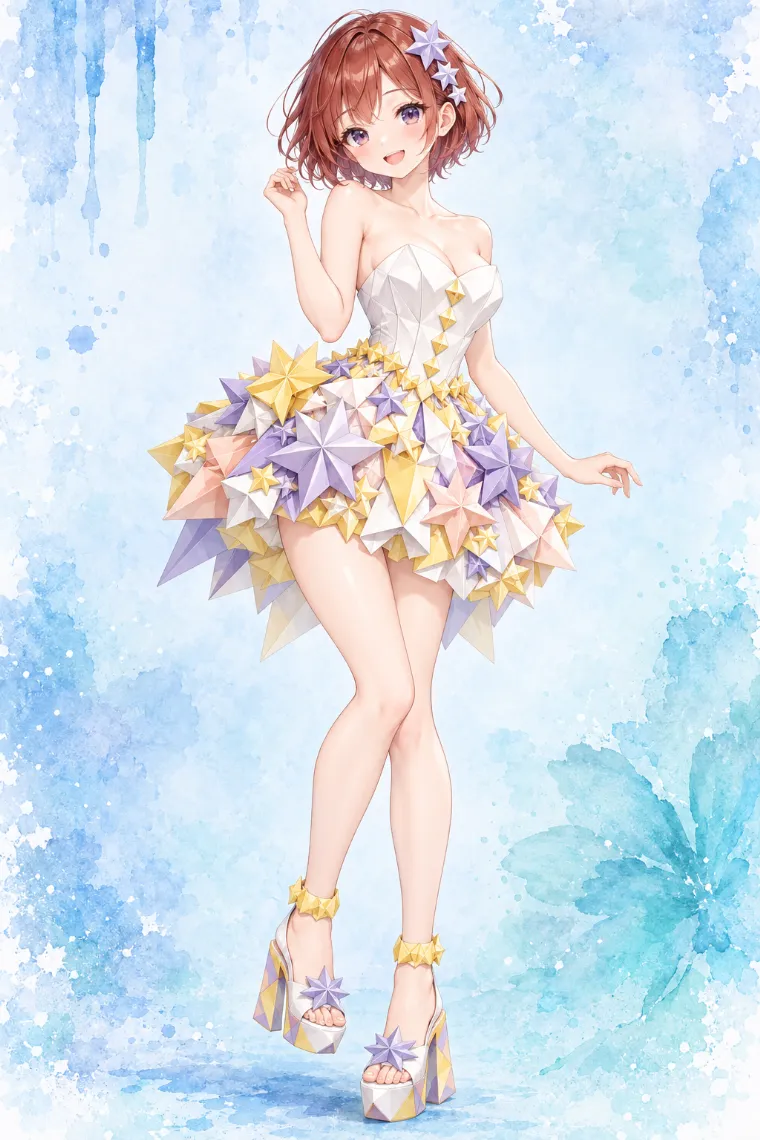 AIイラスト版｜イエロー×ラベンダーのスターモチーフドレスに星飾りの白い厚底ヒールを合わせた折り紙ドレス