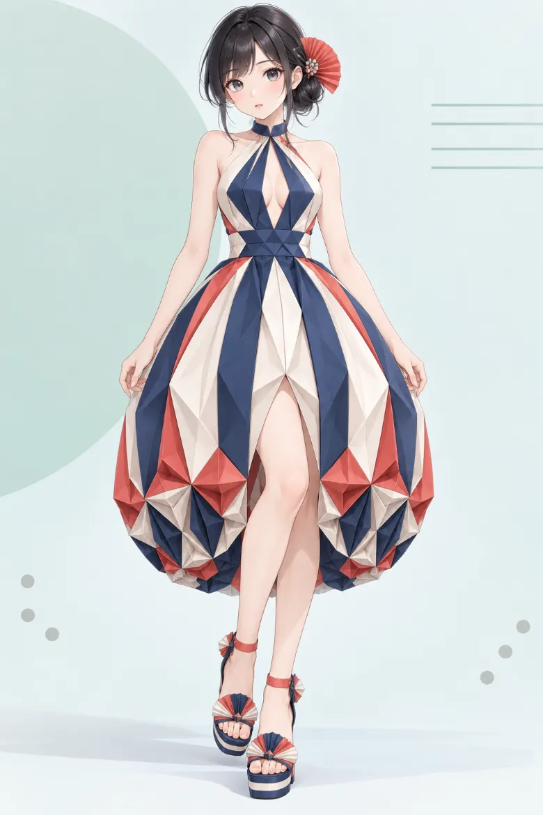 AIイラスト版｜ネイビー×コーラルのランタン型ミディドレスに扇飾りの多色厚底サンダルを合わせた折り紙ドレス