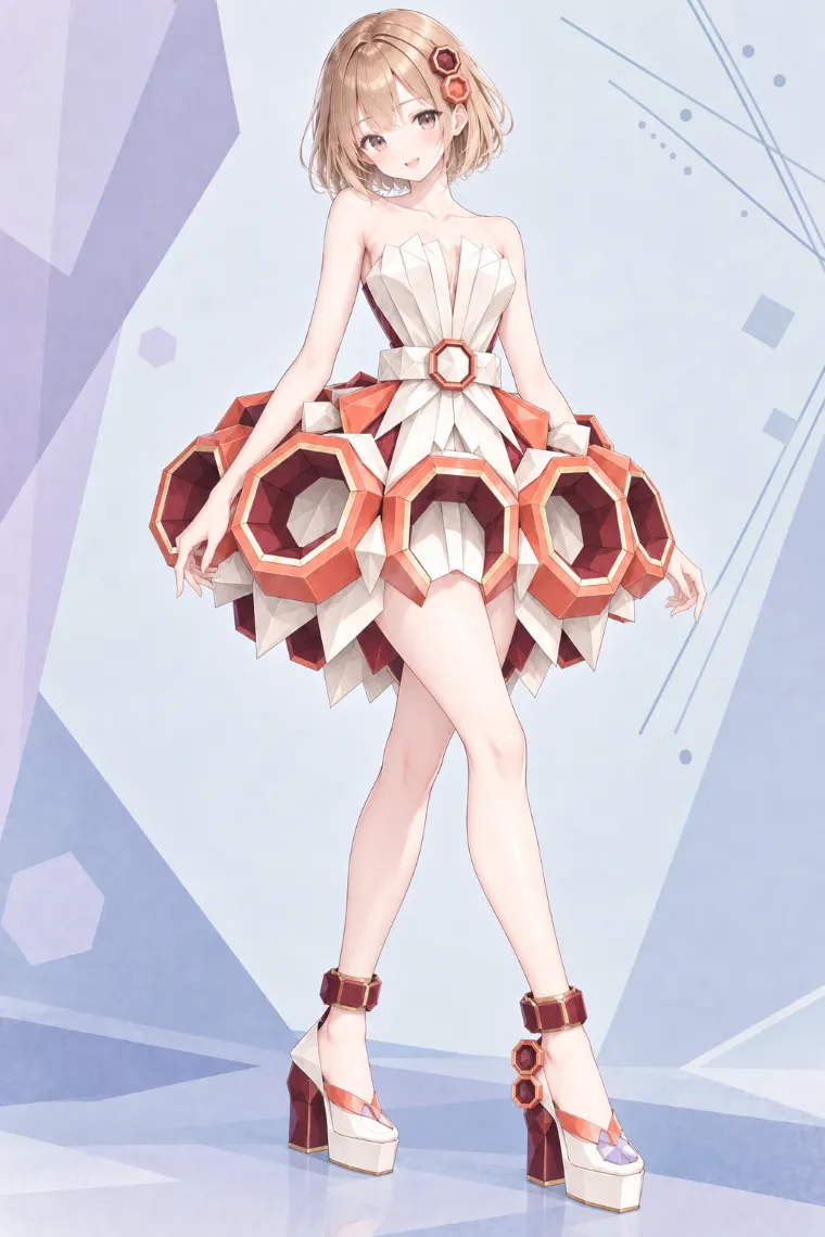 AIイラスト版｜コーラル×バーガンディの八角形ミニドレスに八角形モチーフの白い厚底シューズを合わせた折り紙ドレス