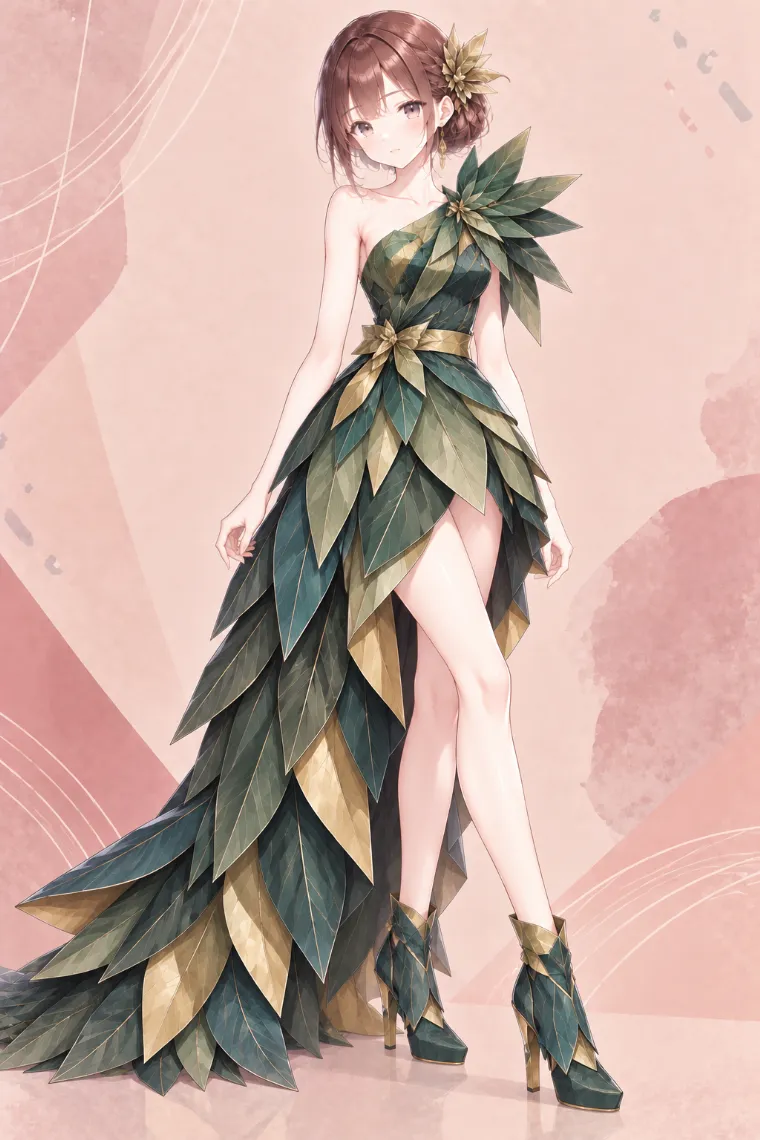 AIイラスト版｜深緑×ゴールドのリーフハイロードレスにダークグリーンのリーフ型アンクルブーツを合わせた折り紙ドレス