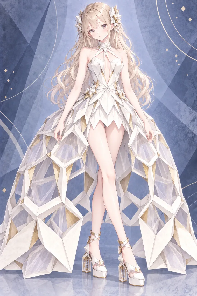 AIイラスト版｜白×シャンパンゴールドのラティスクチュールドレスに透明ケージヒールの白パンプスを合わせた折り紙ドレス