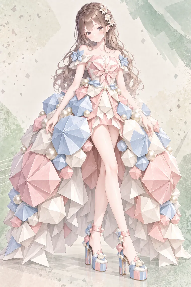 AIイラスト版｜ピンク×ブルーの多面体ボールドレスにパステルカラーの厚底ヒールを合わせた折り紙ドレス