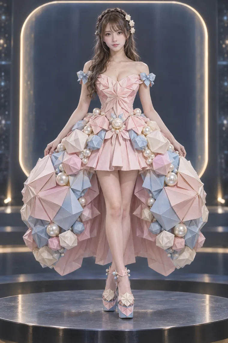 実写AI版｜ピンク×ブルーの多面体ボールドレスにパステルカラーの厚底ヒールを合わせた折り紙ドレス