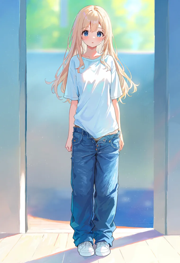 オーバーサイズシャツとジーンズを腰履きしたルーズな女性を描いたAIイラスト