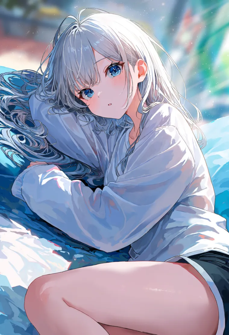 ぶかぶかのオーバーサイズシャツを着た女性を描いたAIイラスト