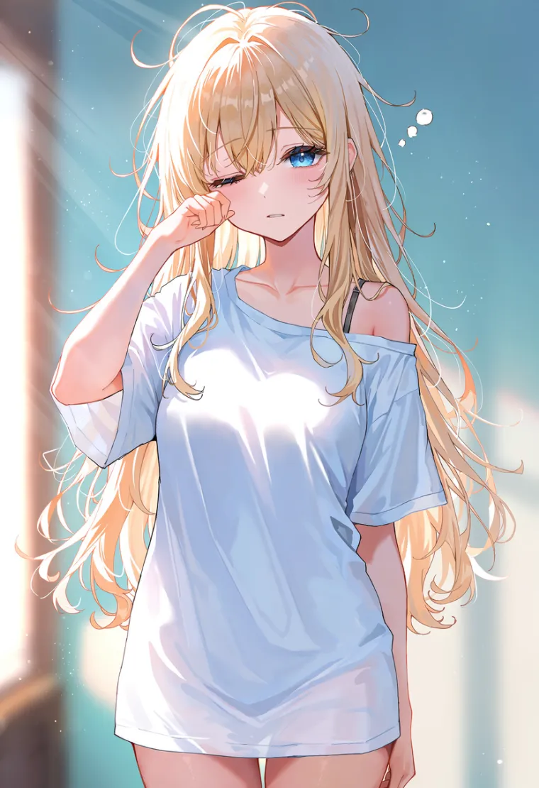 ぶかぶかのシャツ一枚を肩からずらし、眠そうに立つ乱れ髪の女性のAIイラスト