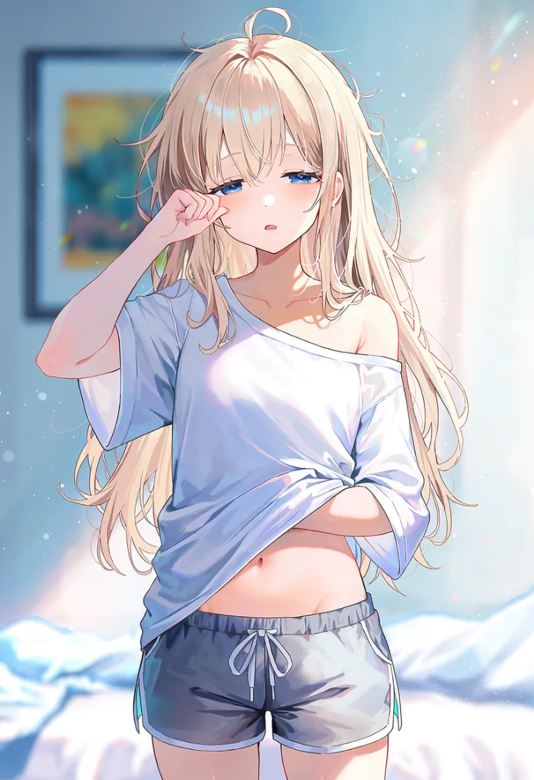 ぶかぶかのシャツとショートパンツ姿で、シャツの中に手を入れてお腹をかく眠そうな女性を描いたAIイラスト