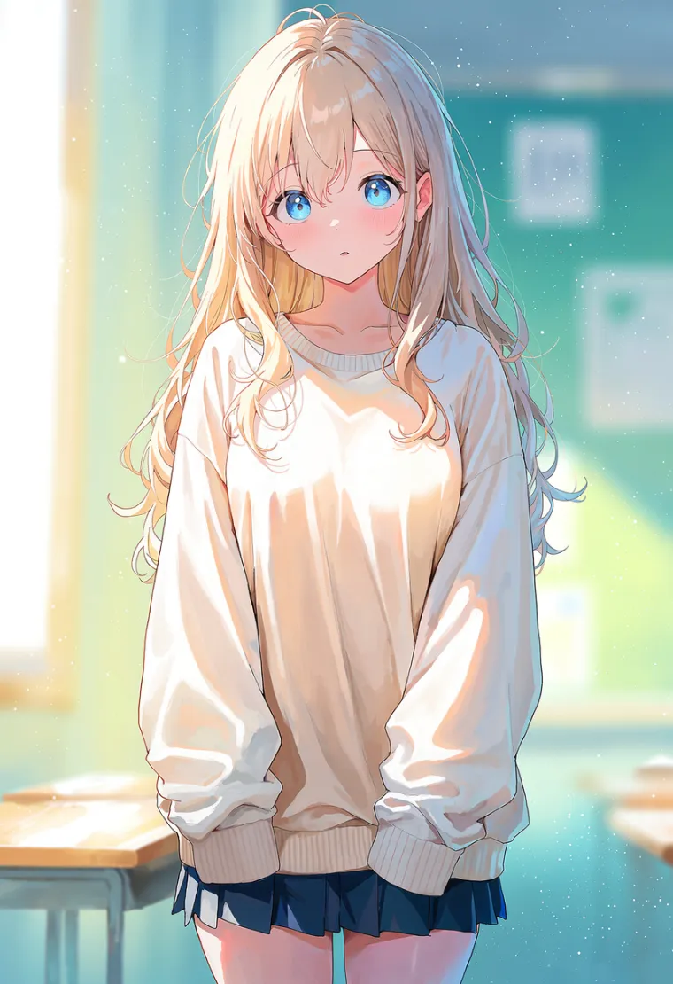 オーバーサイズニットとミニスカート姿で、萌え袖と乱れ髪の女性を描いたAIイラスト
