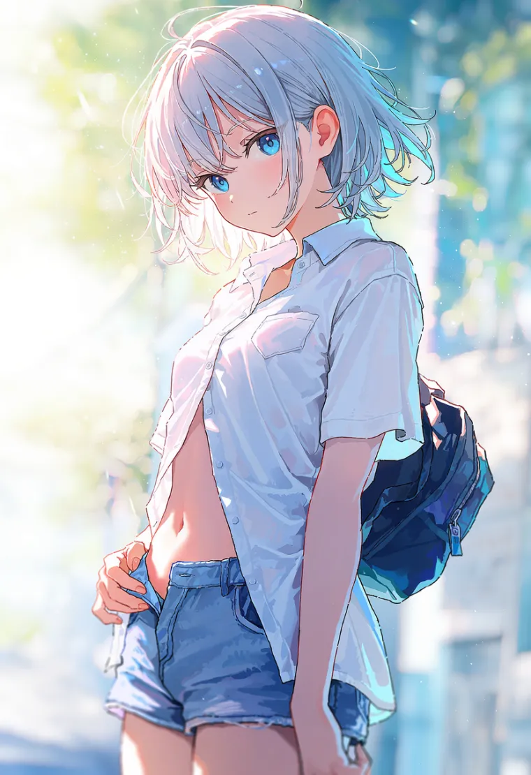 シャツのボタンを一部外した女性を描いたAIイラスト