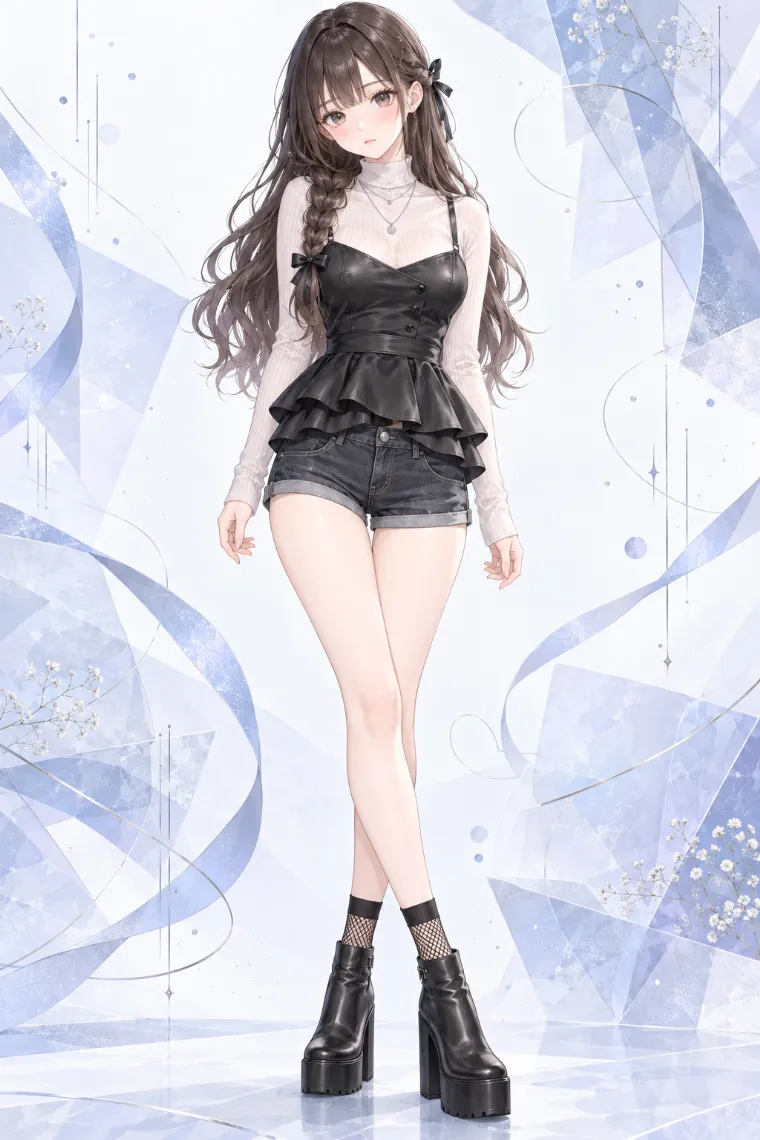 AIイラスト版｜シアータートルと黒レザー風ペプラムキャミにブラックデニムを合わせたコーデ