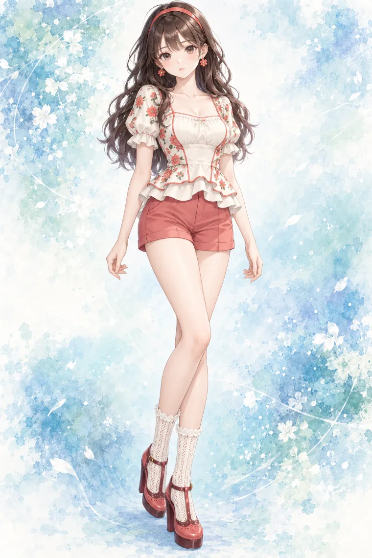 AIイラスト版｜花柄切り替えのアイボリーペプラムブラウスとコーラル系ショートパンツのフェミニンコーデ