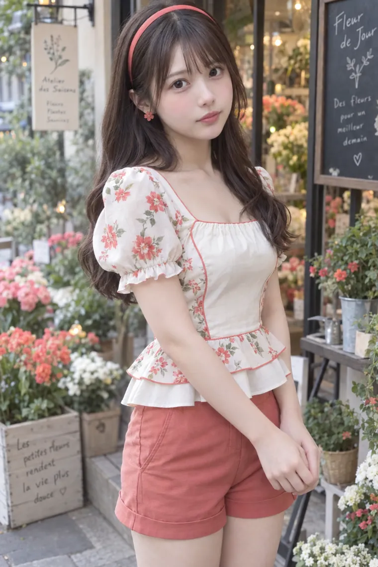 実写AI版｜花柄切り替えのアイボリーペプラムブラウスとコーラル系ショートパンツのフェミニンコーデ