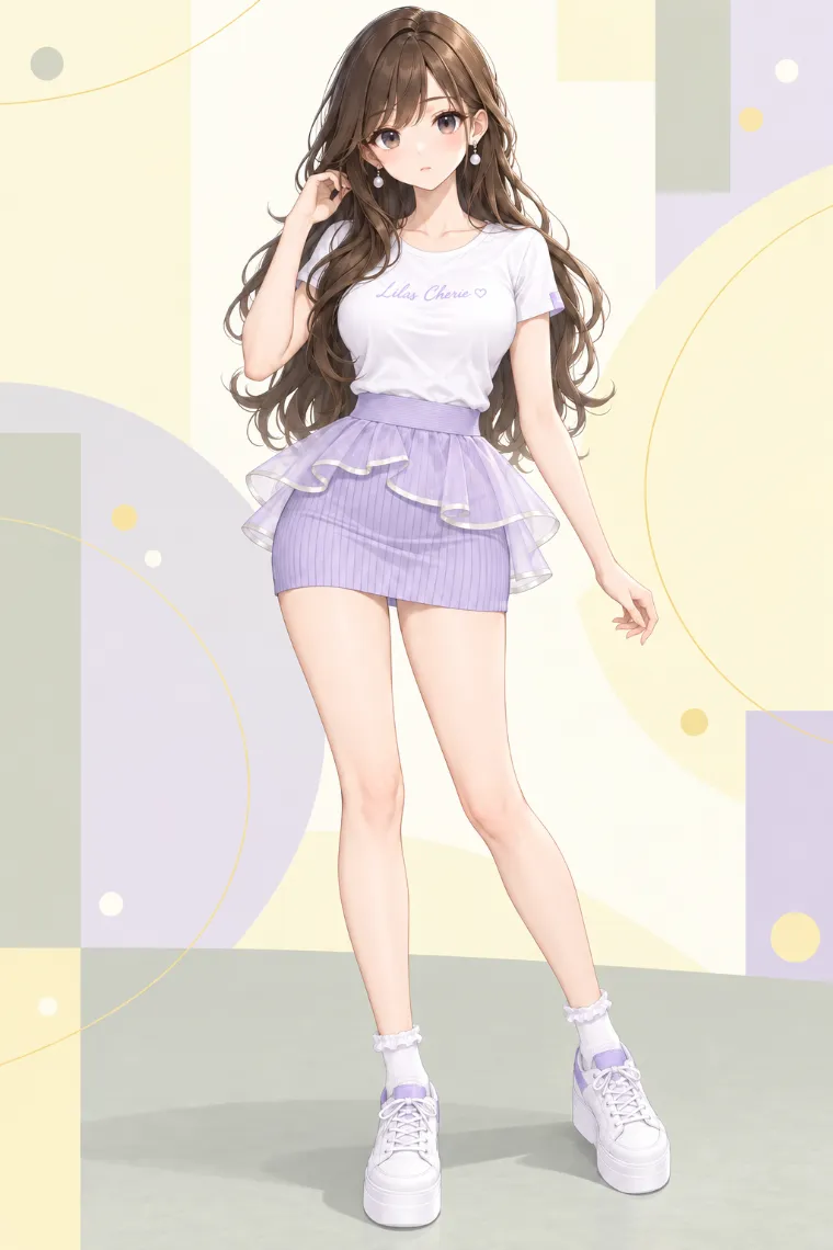 AIイラスト版｜白のロゴTシャツとラベンダーのシアーペプラム付きニットミニコーデ