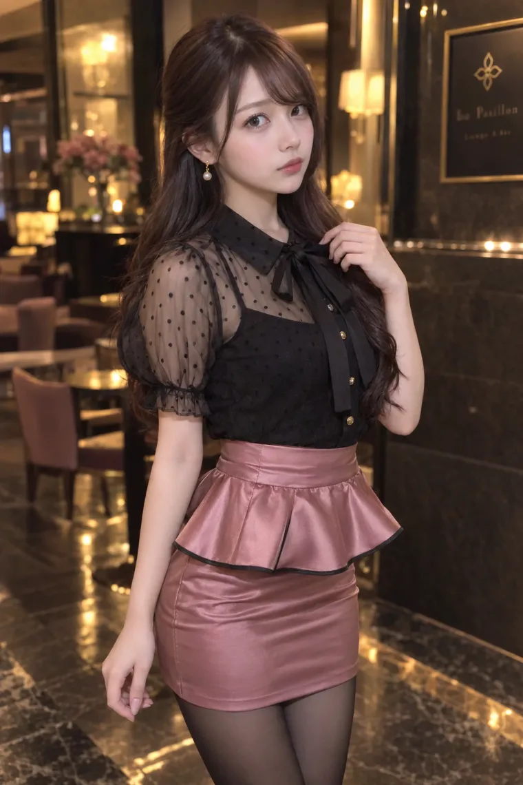 実写AI版｜ドット柄シアーブラウスとくすみピンクのサテンペプラムミニコーデ