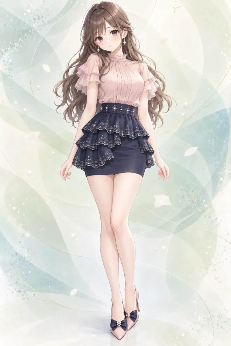 AIイラスト版｜くすみピンクのフリルブラウスとネイビーのレース付きティアードペプラムミニコーデ