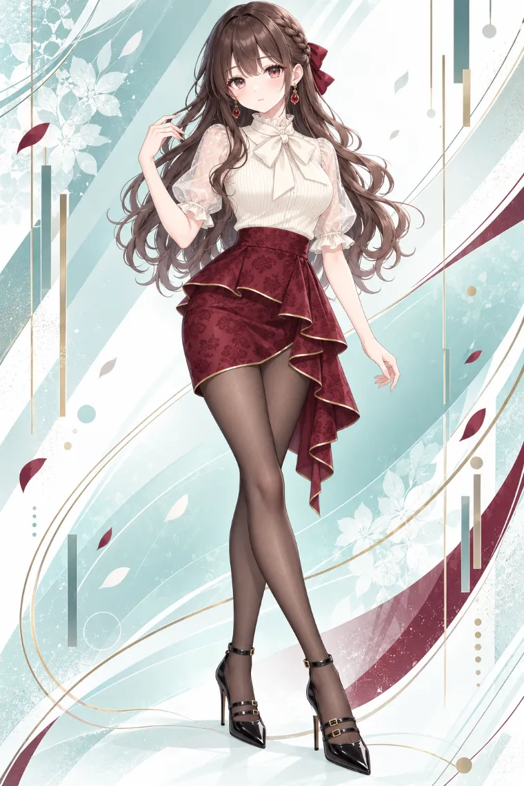 AIイラスト版｜大きなリボン付きアイボリーブラウスとボルドーのアシンメトリーペプラムミニコーデ