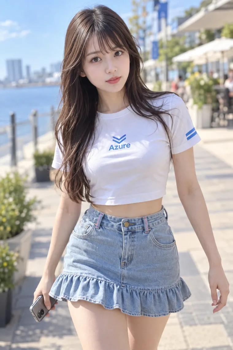 実写AI版｜白のクロップドTシャツと淡いブルーのペプラム風フリルデニムミニコーデ