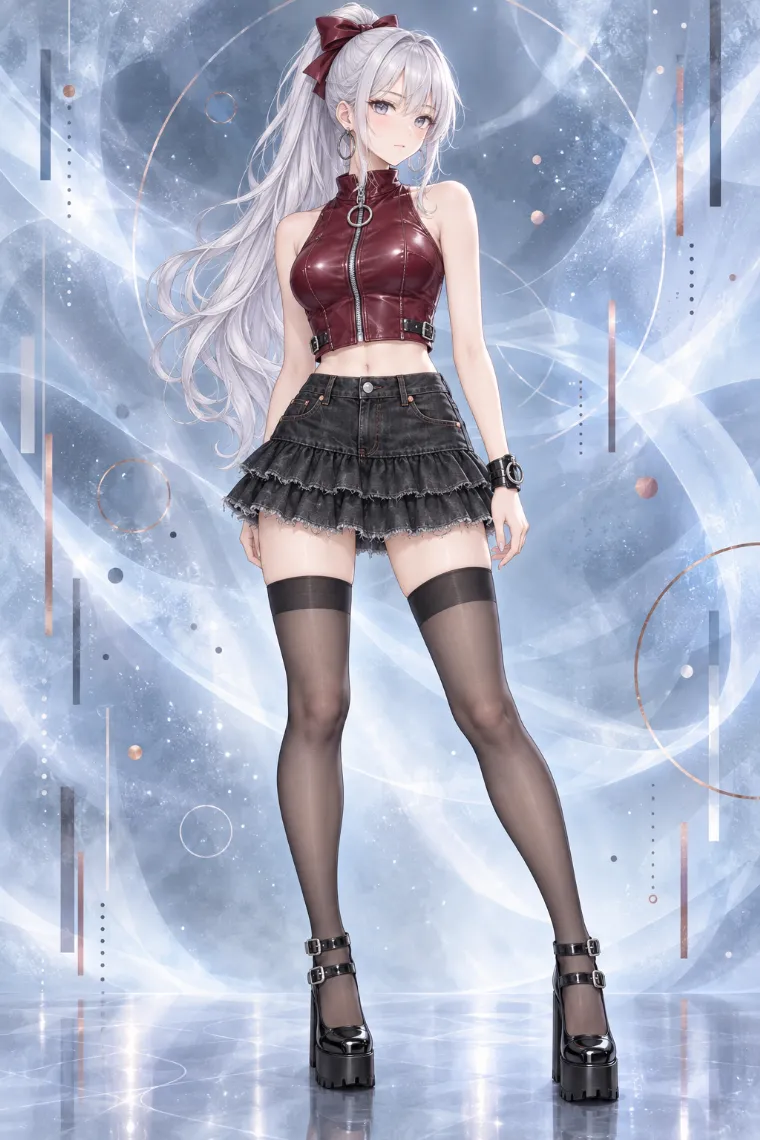 AIイラスト版｜ボルドーのレザー風クロップドベストと黒デニムの二段ペプラム風ミニコーデ
