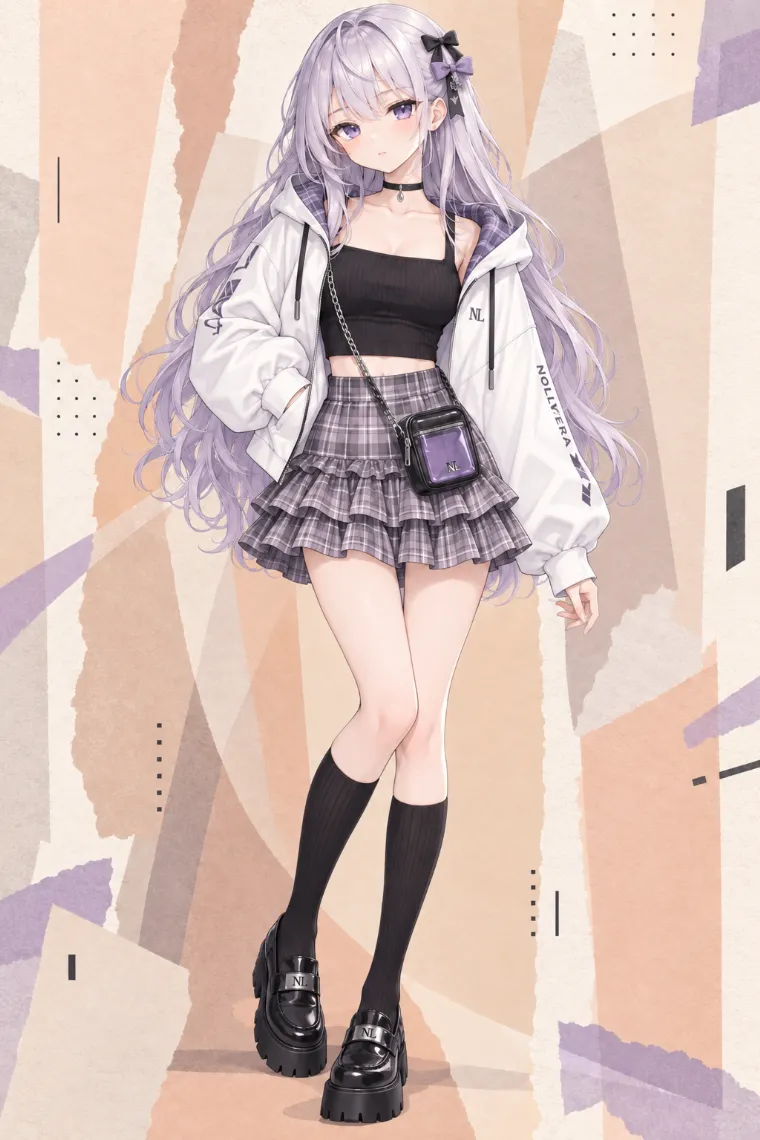 AIイラスト版｜白のショート丈パーカーとグレー×ラベンダーのチェック柄ペプラム風ミニコーデ