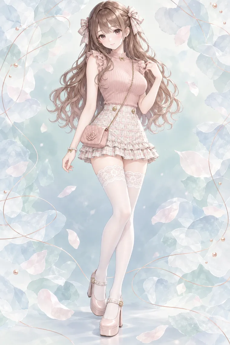 AIイラスト版｜くすみピンクのリブトップとアイボリー×ピンクのチェック柄ペプラム風ミニコーデ