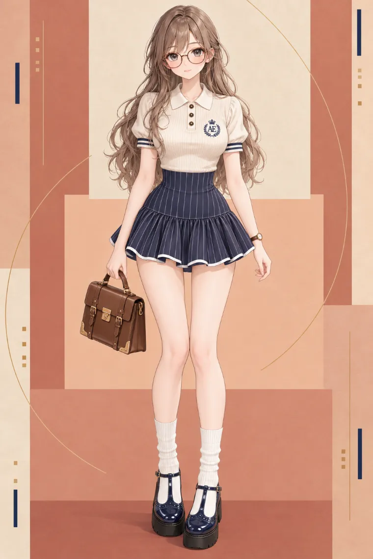 AIイラスト版｜クリーム色のリブポロシャツとネイビーのピンストライプペプラム風ミニコーデ